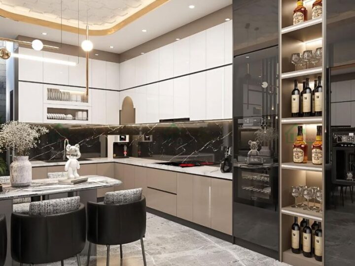 tủ bếp nhựa picomat cánh melamine hiện đại chữ L